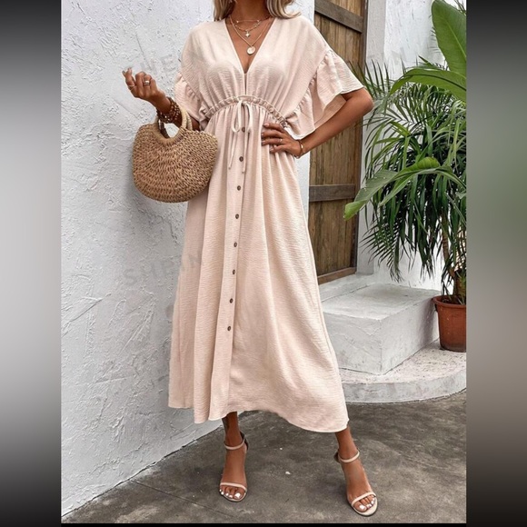 Solid drawstring waist button front flounce sleeve dress - Picture 4 of 4